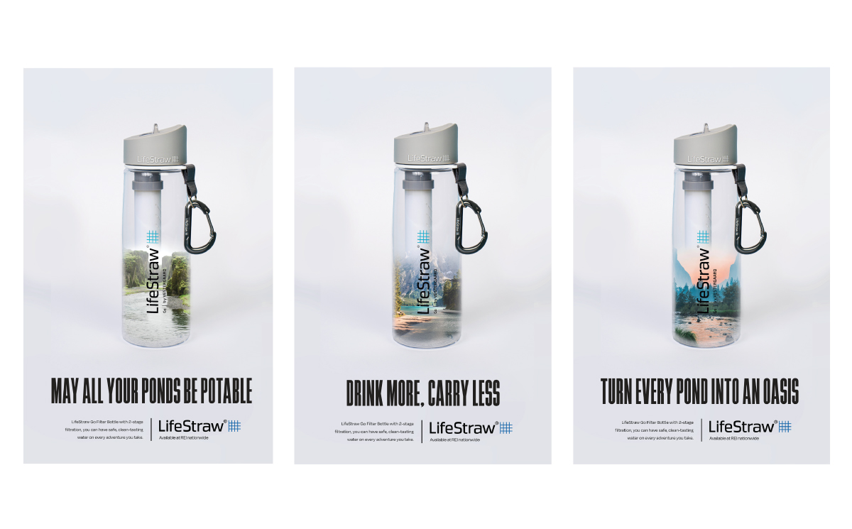 A series of 3 ads that are for the brand LifeStraw.