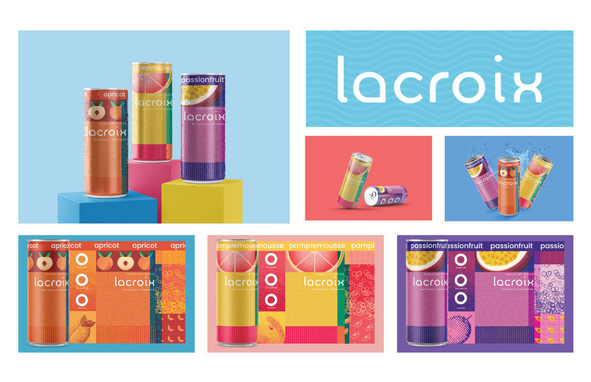 Art board consisting of the packaging of the redesigned Lacroix cans and logo.