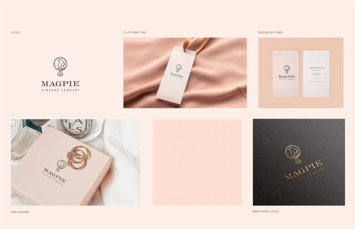 An art board consisting of several application of a vintage jewelry brand. Image contains a logo, clothing tag, embassed logo, buisness card, and jewelry box.
