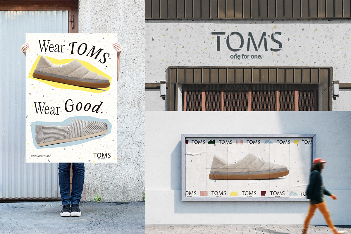 Poster mockup on left, featuring Toms shoes and tagline 'Wear Toms, Wear Good'. Upper right: Toms signboard mockup. Lower right: billboard with Toms shoes in center, logos and symbols on top and bottom rows.
