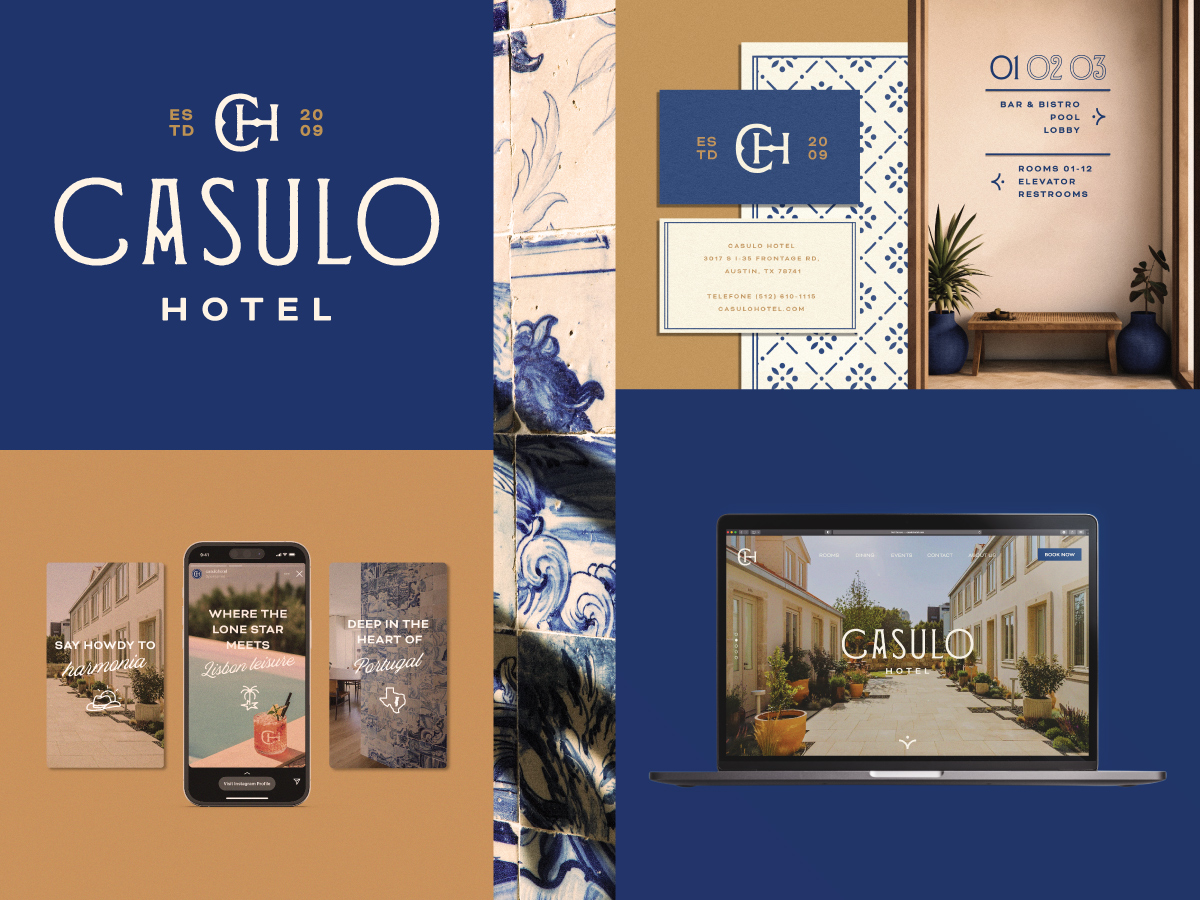 A collage of branding elements for a reimagined Casulo Hotel. A logo lockup, instagram ads, tile pattern, business collateral, hotel wayfinding signage, and website landing page.