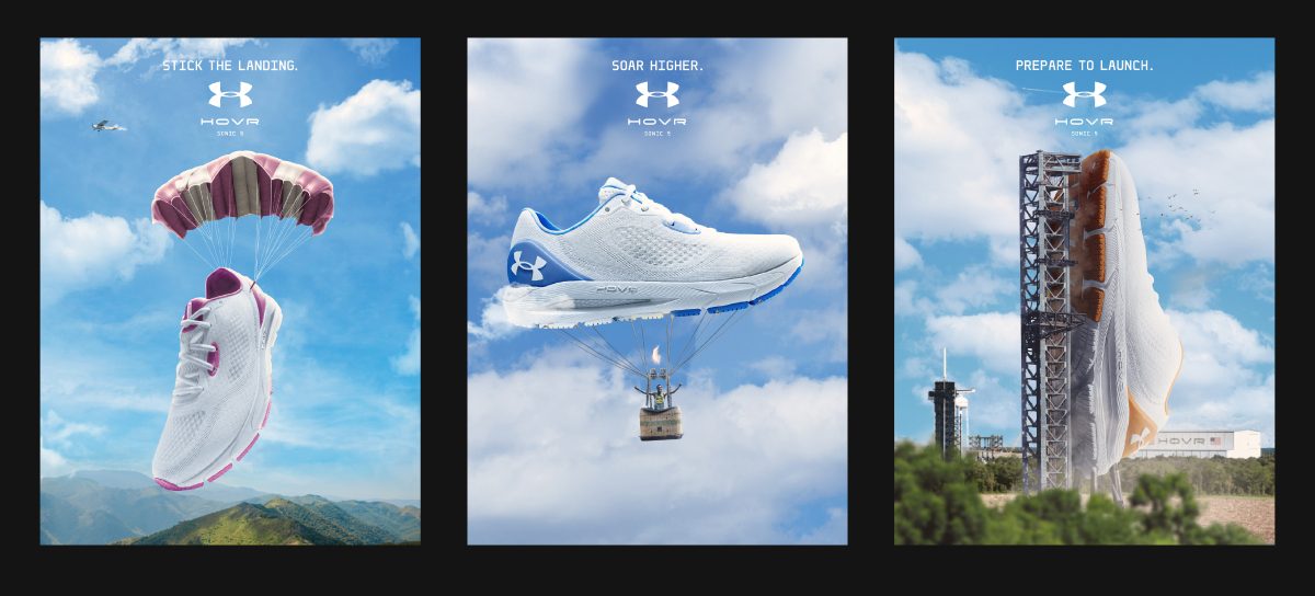 An Under Armour ad campaign consisting of three different posters. From left to right, a shoe with a parachute stating "stick the landing," a shoe as a hot-air balloon stating "soar higher," and a shoe as a rockt stating "prepare to launch."