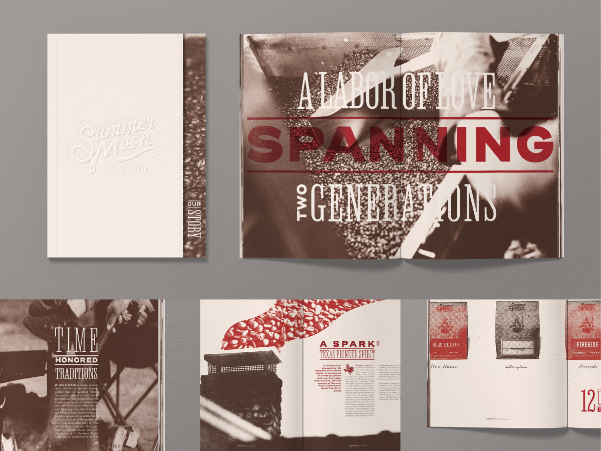 A collage of different spreads and elements of a Summer Moon brand book publication. A photo of the cover and a spread reading "A labor of love spanning two genrations" with a photo behind it showcasing the coffee bean roasting process. 