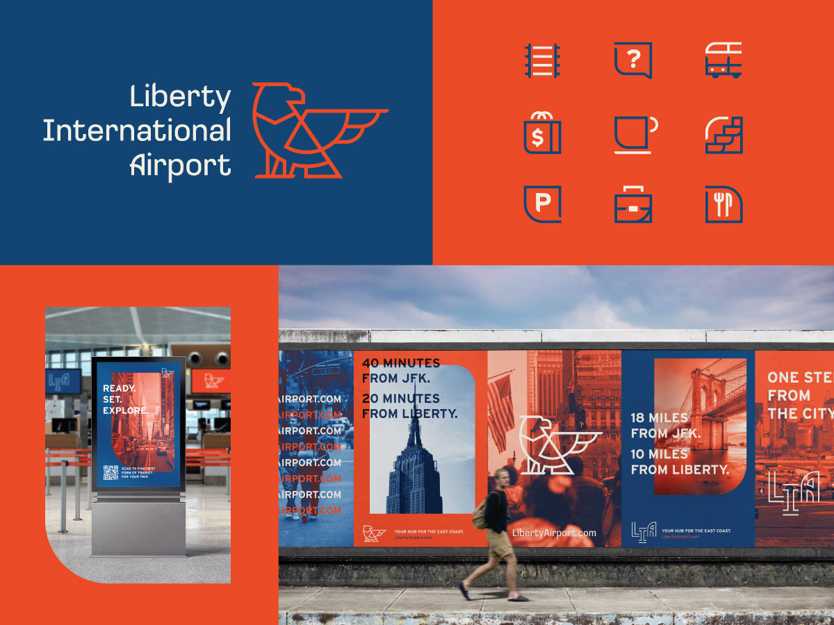 A collage of branding elements for a reimagined Newark Liberty International Airport. A logo, icon system, interior screen signage, and outdoor poster advertising.