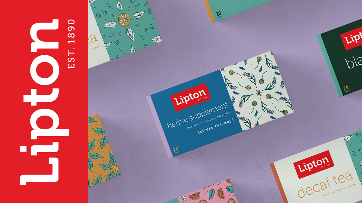 White text on red background says Lipton, established 1890. A grid of tea boxes on a purple background shows different types of teas and colorful illustrated patterns.