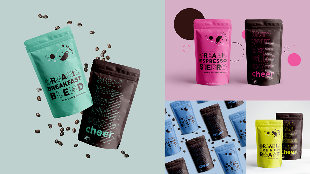 Four colorful mockups display bags of coffee beans and grounds with different flavors. The brand is Allegro Coffee, and the back of the bags says Start your day with a cup of cheer. 