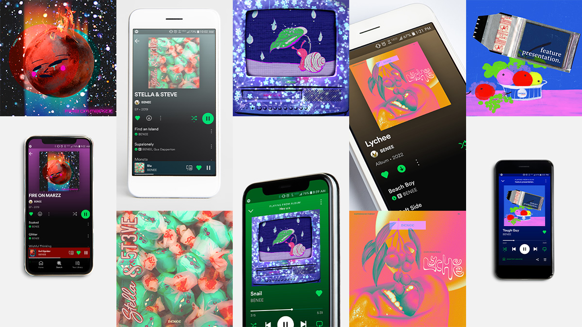 5 BENEE album covers and Spotify phone mockups: 1) 'Fire on Marzz' - Mars on fire with illustrated face. 2) 'Stella and Steve' - Close-up of candies with car illustrations. 3) 'Hey U X' - Purple flowered TV with snail holding leaf umbrella. 4) 'Lychee' - Vibrant mouth eating lychee berries. 5) 'Feature Presentation' - Illustrated fruit bowl with film slide.