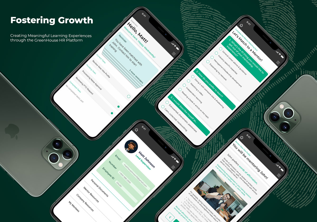 4 phone layout screens with the caption "Fostering Growth: Creating Meaningful Learning Experiences through the GreenHouse HR Platform"