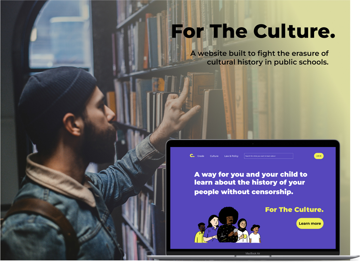 A laptop mockup of the  For The Culture. landing page that says "A way for you and your child to learn about the history of your people without censorship. For The Culture." 