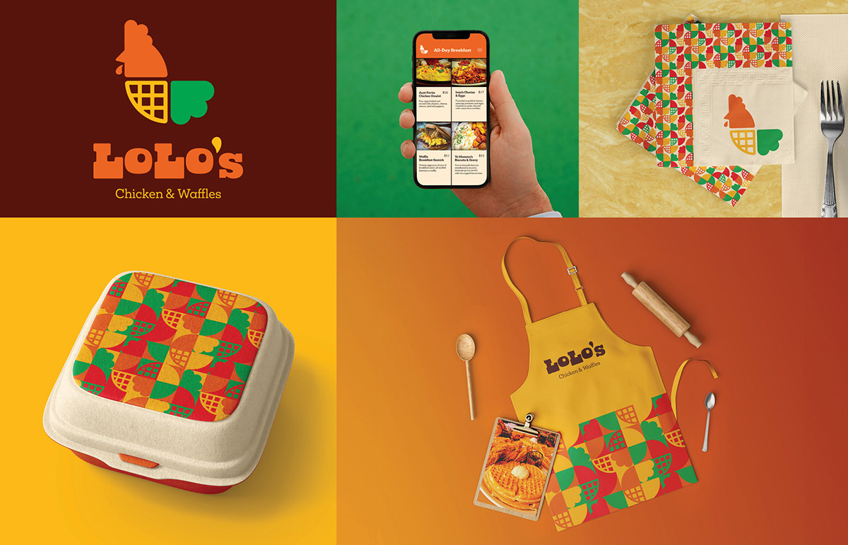 The logo for Lolo’s Chicken and Waffles, a man holding a phone, a napkin, a to-go container, and an apron surrounded by cooking supplies