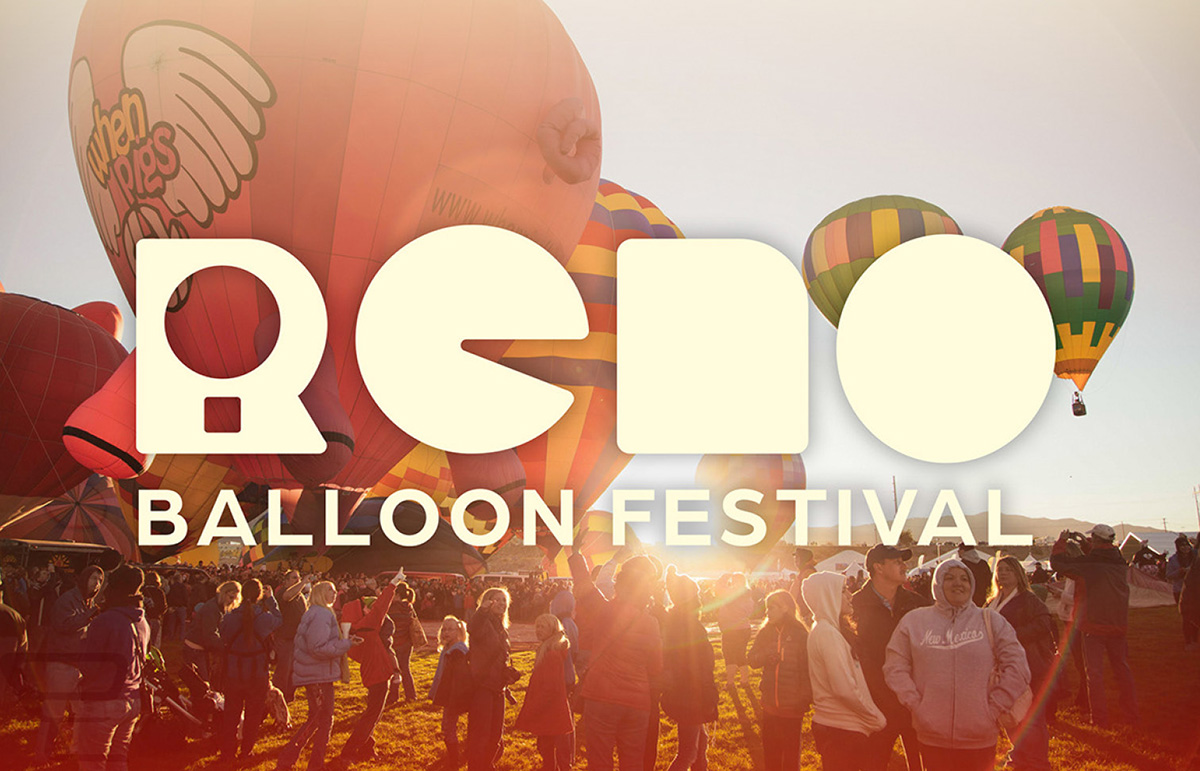 Logo of the Reno Balloon Festival in front of a blurred photo.