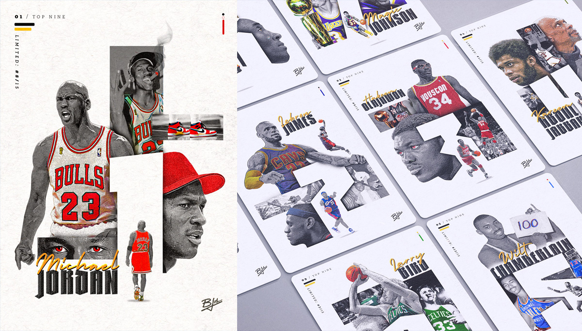 All Time Top Nine NBA Card Set. Collage Design with a black and whitecolor scheme. There is a pop  of color on each card to give them some individuality. 