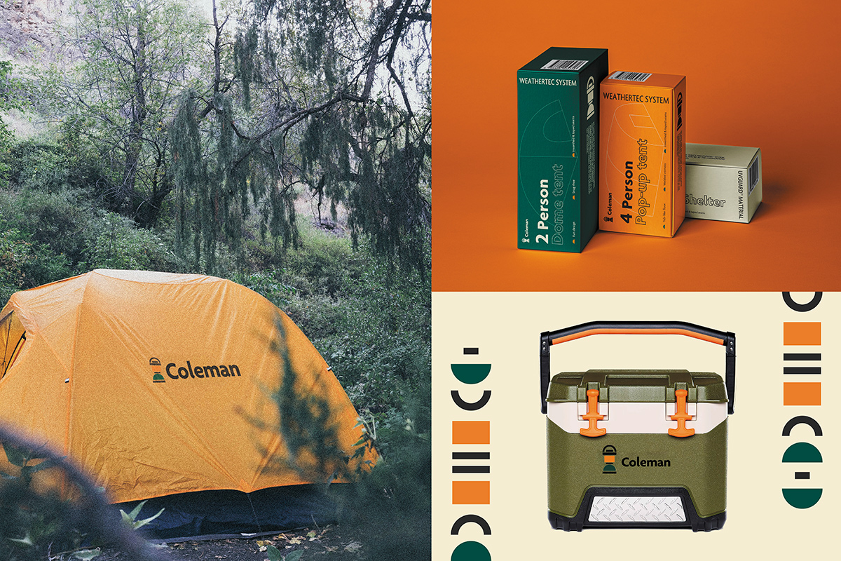 3-space grid composition. Camping tent with Coleman logo, three packaging boxes, and cooling box with  logo