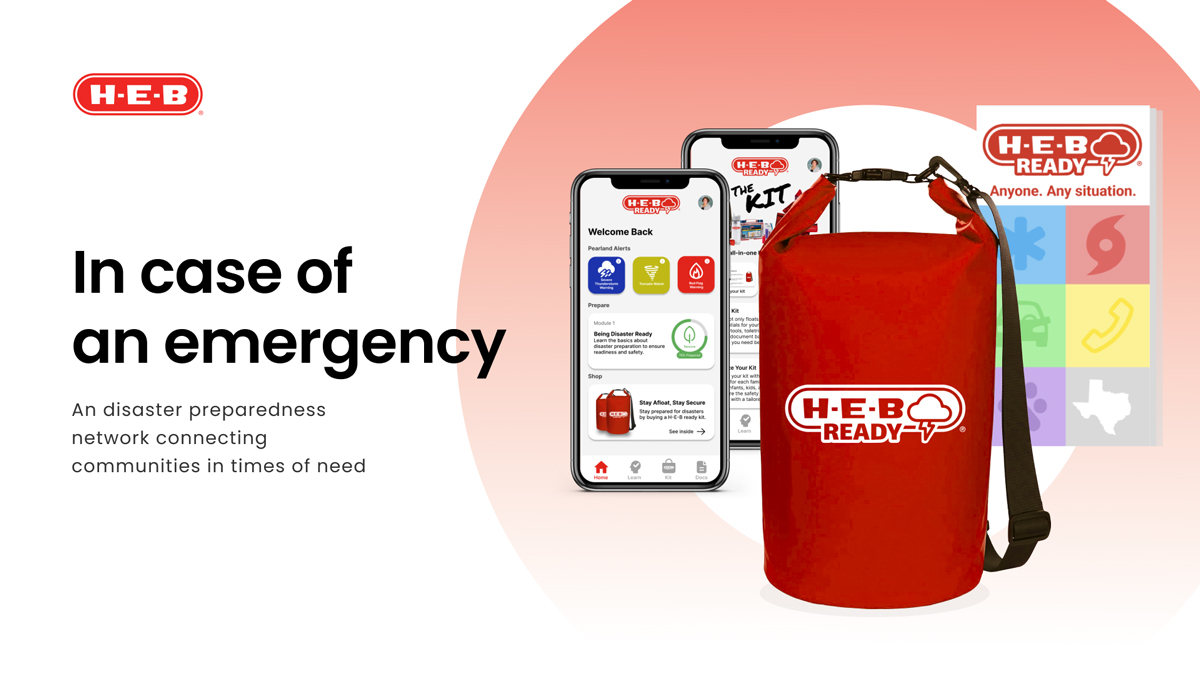 Mockups of a red backpack, two mobile screens of HEB Ready app, and brochure.