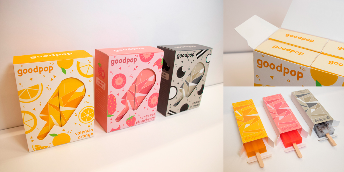 Ice cream bars in paper boxes, three bars on the side showing flavors, all branded with the goodpop logo.