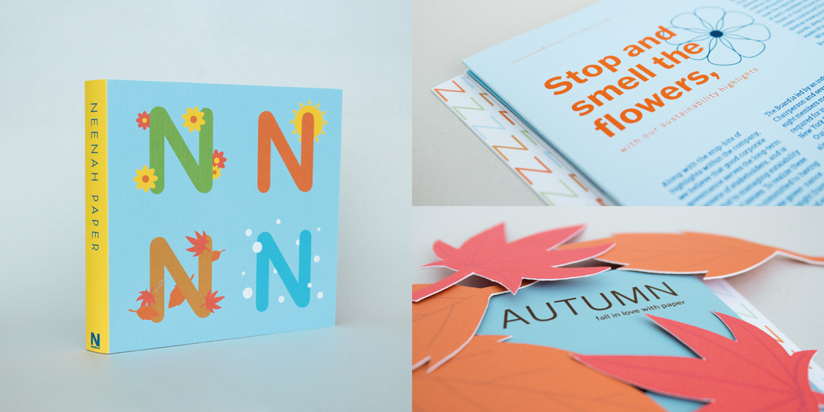 Book cover with seasonal 'N' letters and inside pages featuring Spring and Autumn sections with interactive elements.