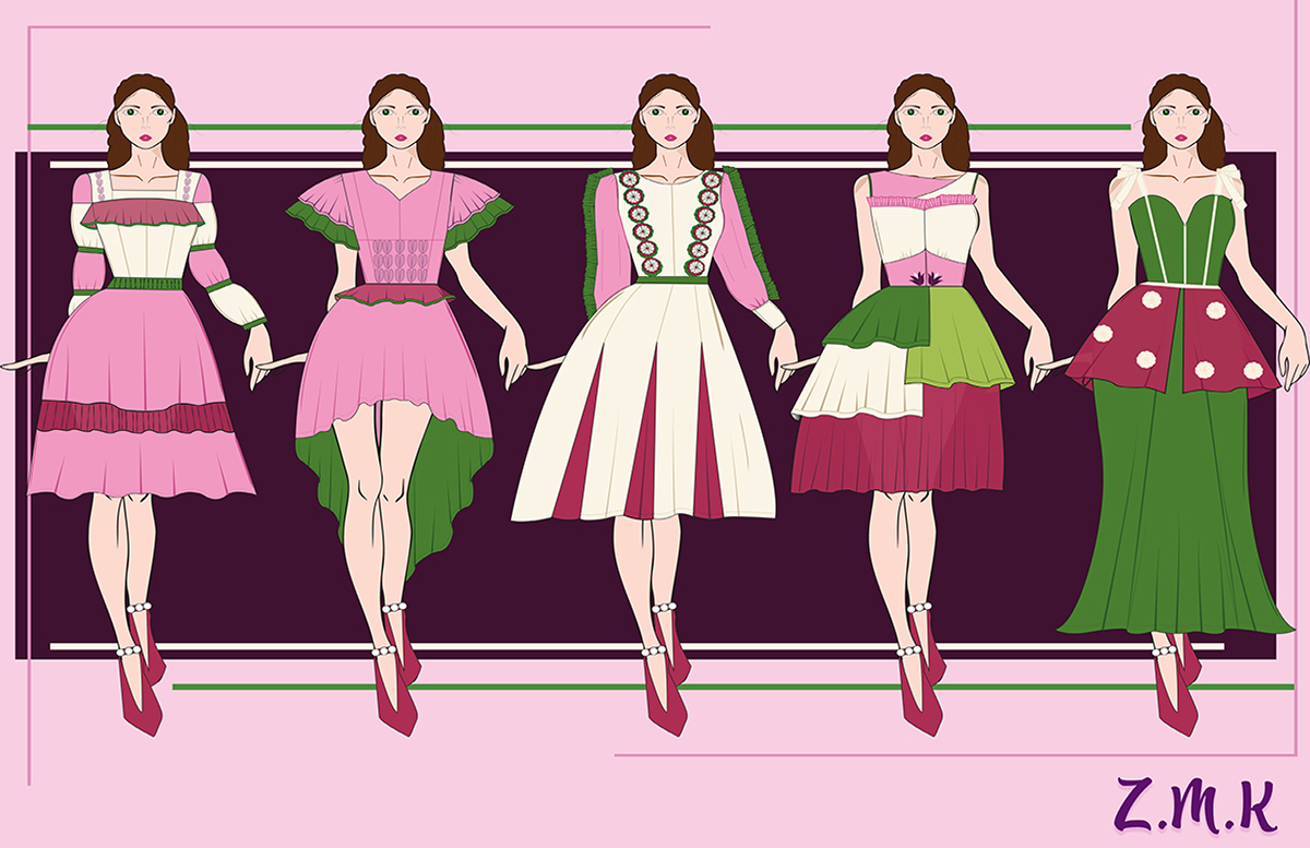 Five models wearing pink, green, and white dresses and standing on dark pink background.