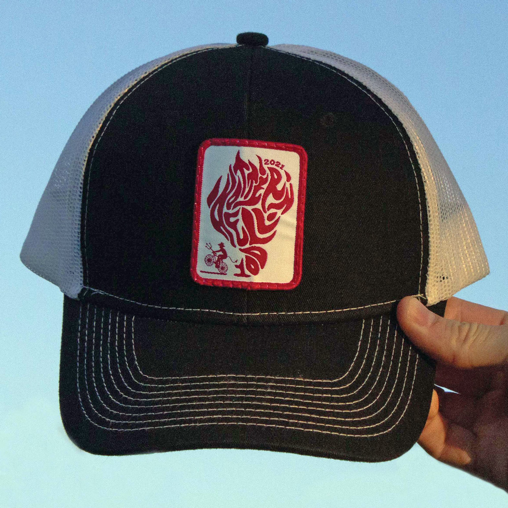 Hotter n Hell ball cap with a red and white logo sewn on it