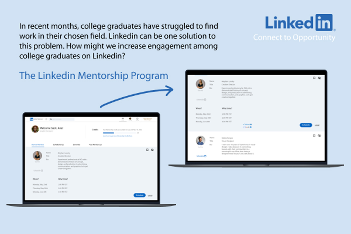 Two laptop mockups of the Linkedin Mentorship Program dashboard.