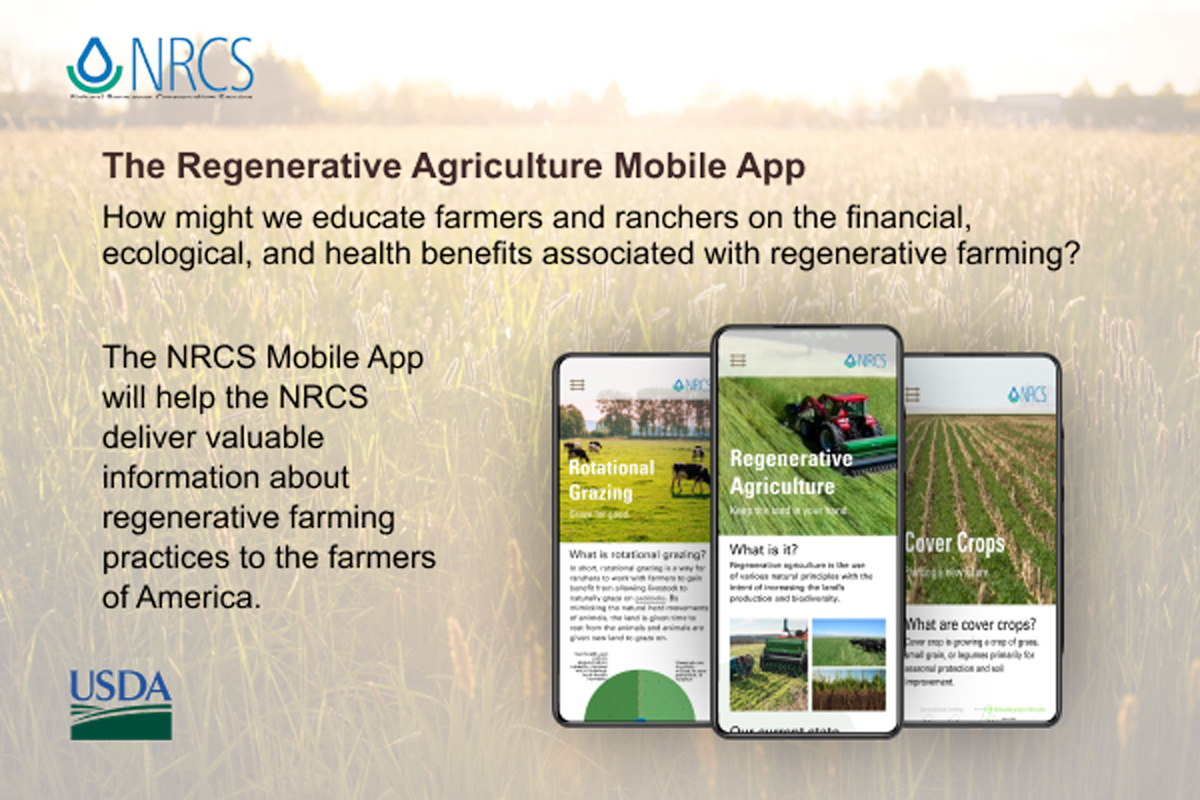 Three mobile phone screen mockups of the NRCS mobile application on a grassy background.