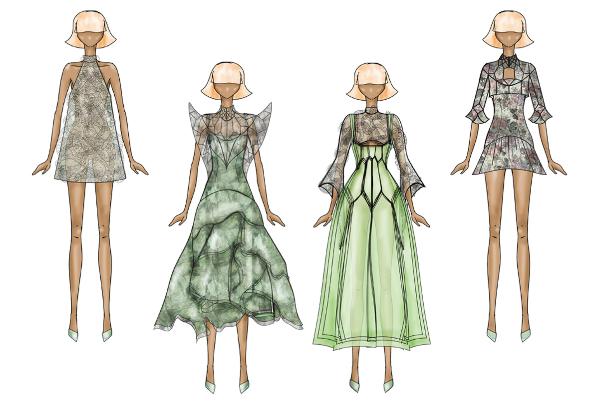 A illustrated lineup of four looks with green and yellow analogous color palette.