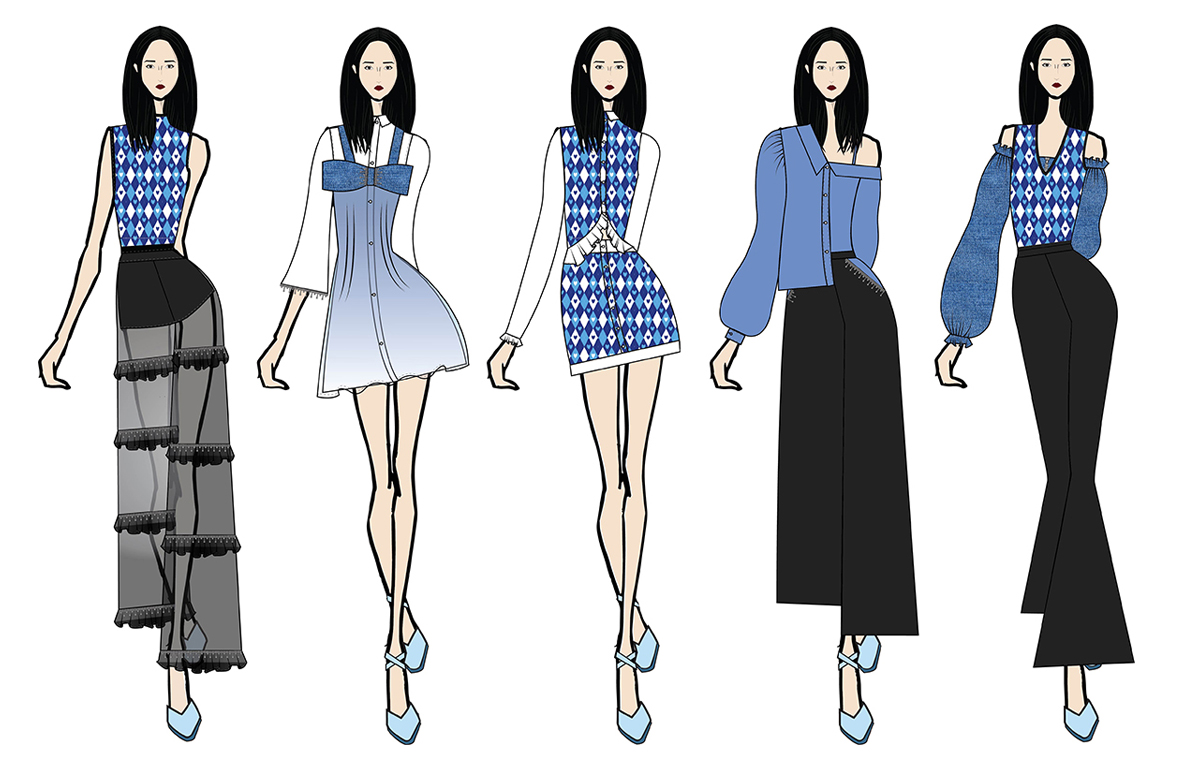 Five illustration sketches for Blue Flame showcasing various fabrics of chiffon, satin, and denim in feminine and modern silhouettes.