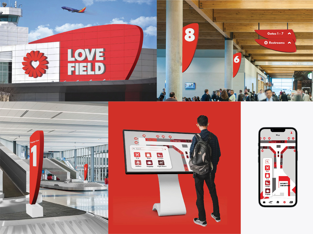 Images of Dallas Love Field Airport: exterior sign, redesigned wayfinding, baggage claim, interactive wayfinding point, and Love Field app preview.