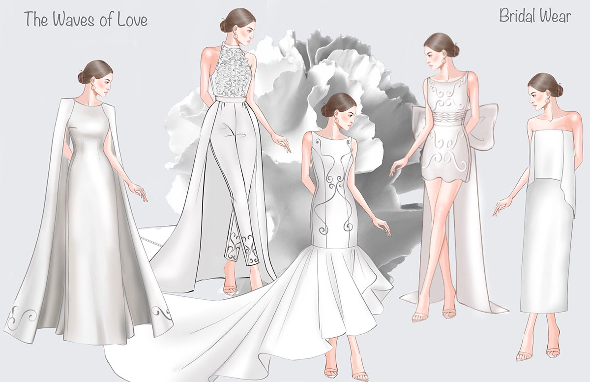 Illustration sketches of five looks of The Waves of Love Collection
