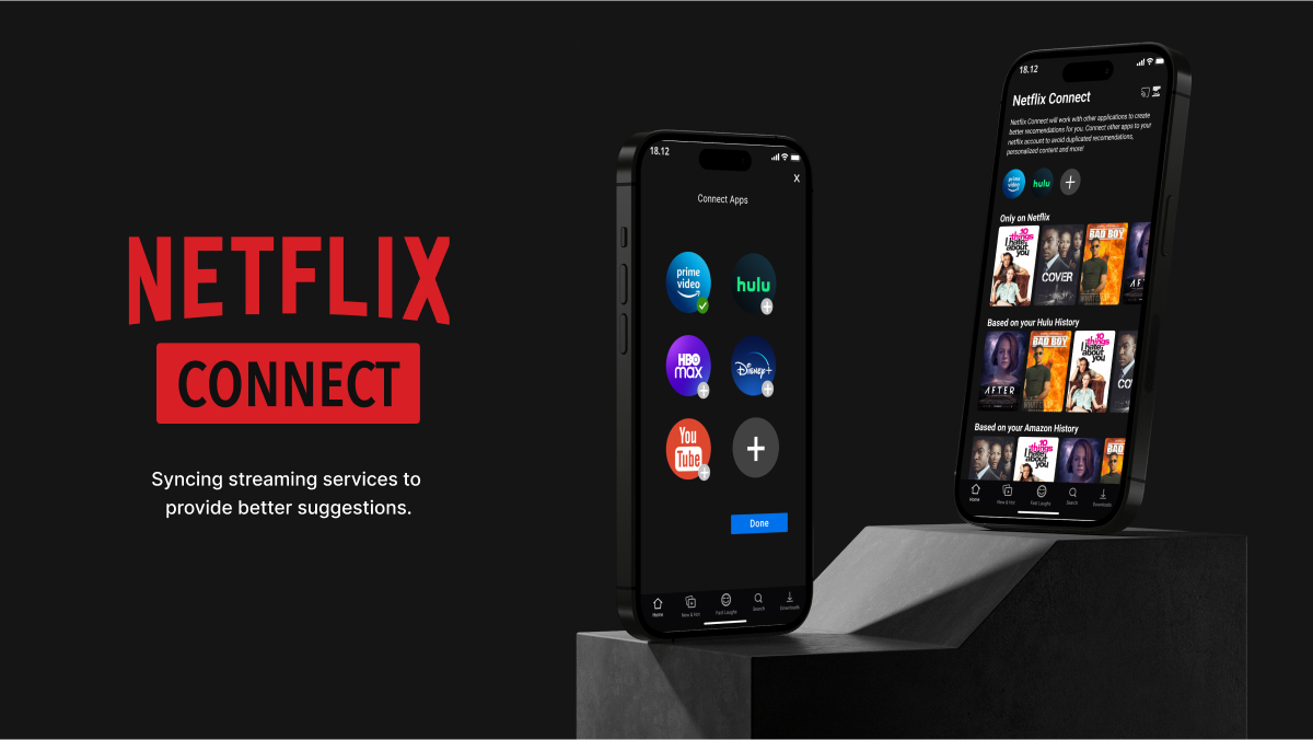 A mockup showing two mobile phones on a black background with additional text that says "Netflix Connect: Syncing streaming services to provide better suggestions."