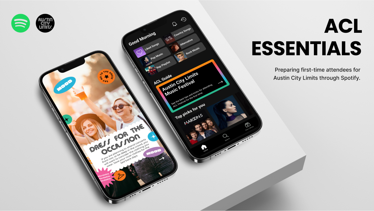 A mockup showing two mobile phones on a white surface with additional text that says "ACL Essentials: Preparing first-time attendees for Austin City Limits through Spotify."