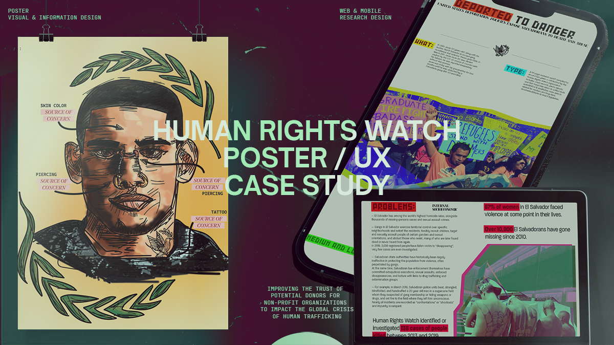 A poster plus two layout mockups for the mobile and website view of the case study, Deported to Danger.