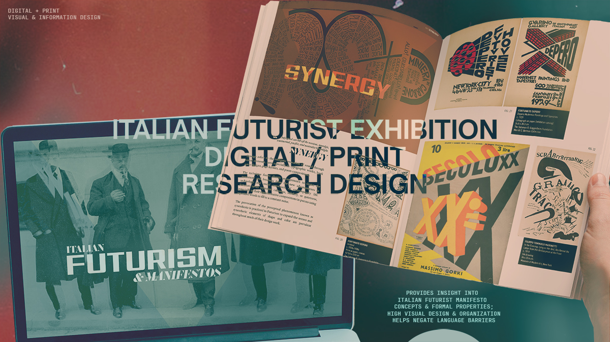 A magazine and a website mockup for the layout of an Italian Futurist Exhibition.