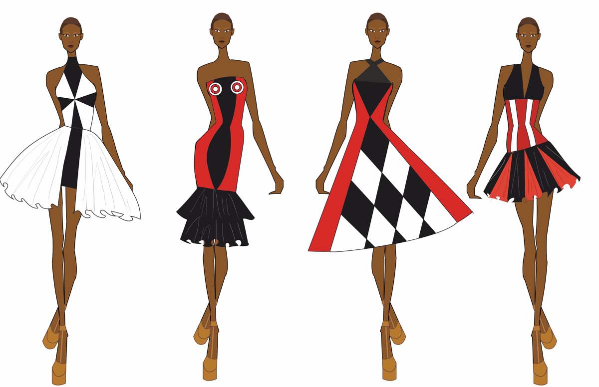 Sketch of models wearing designs by Briona Martin in red, black and white