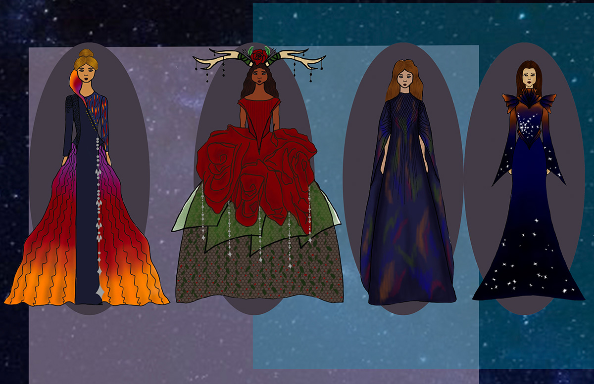 Four floor length dresses, two with full skirts, two with flowing skirts, in multiple colors reflecting natural imagery.