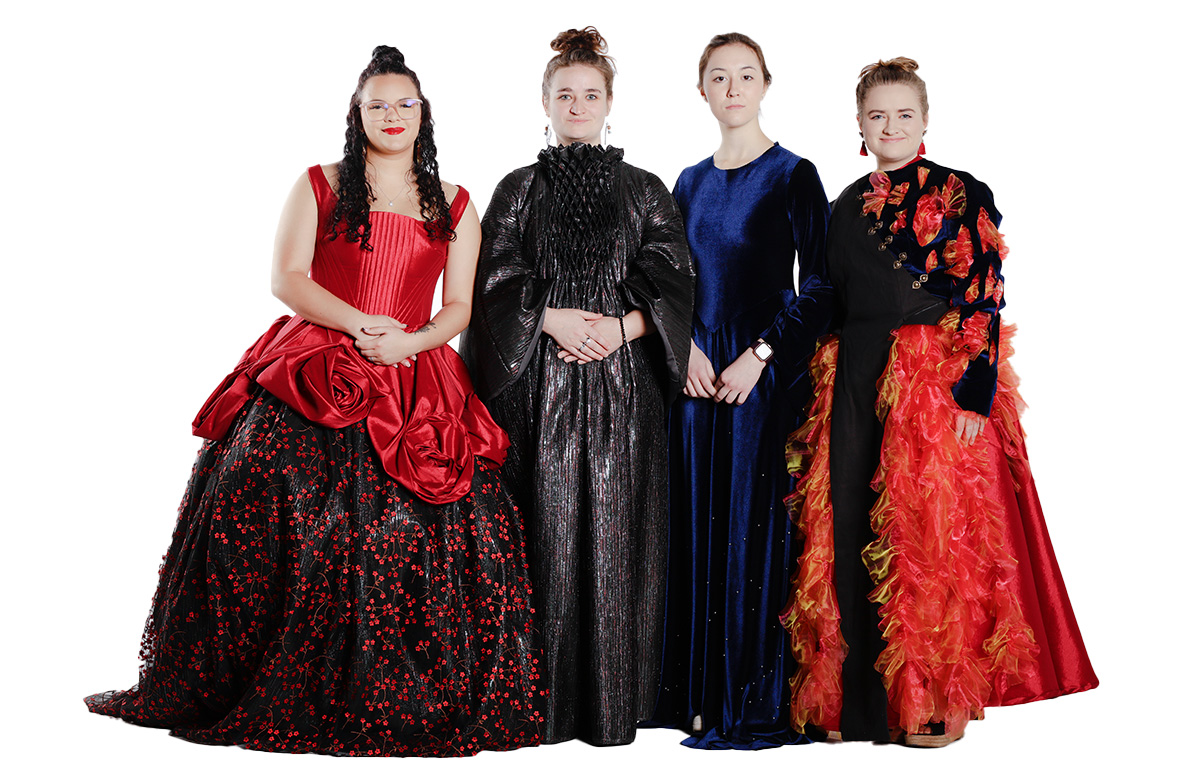 Four floor length dresses, two with full skirts, two with flowing skirts, in multiple colors reflecting natural imagery.