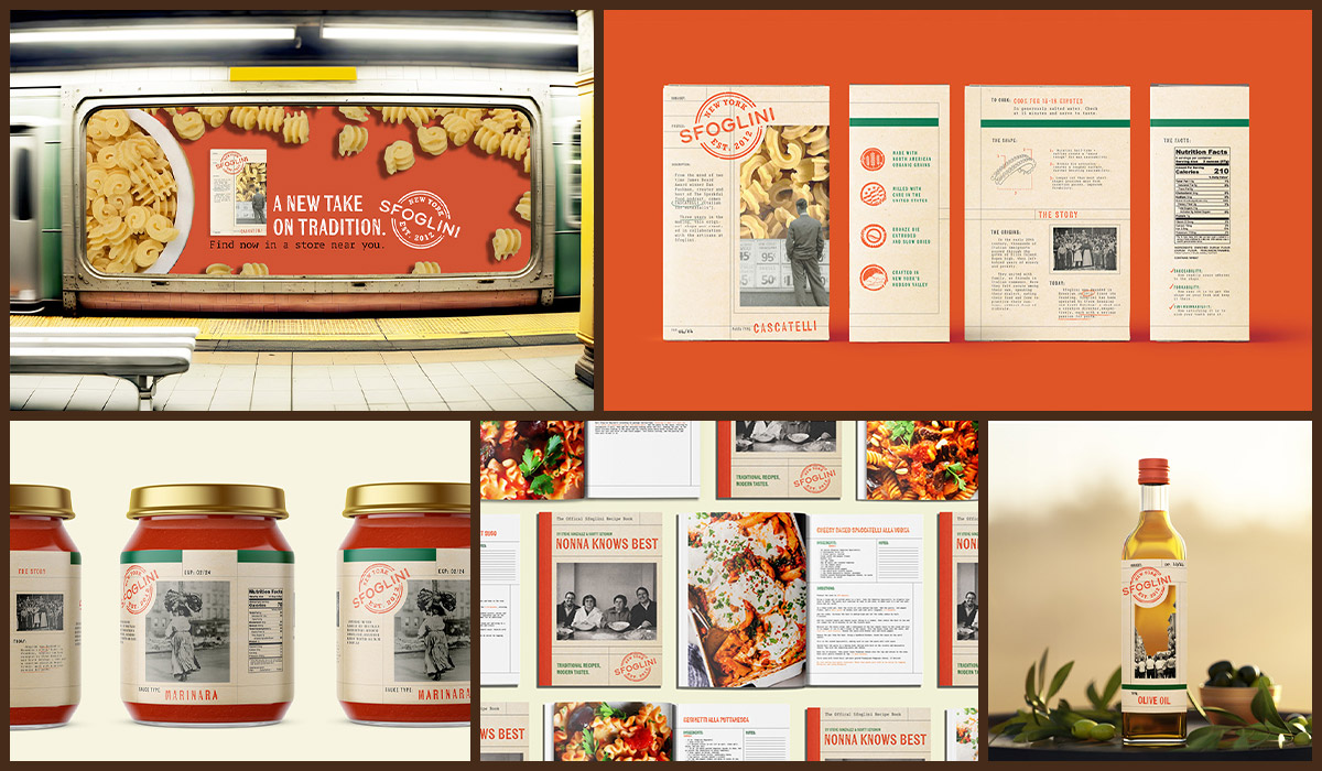 Subway advertisement, packaging design for pasta box, packaging design for sauce jars, cookbook page spreads, olive oil bottle.