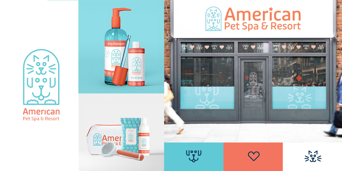 Logo of cat and dog followed by grooming products and storefront design.