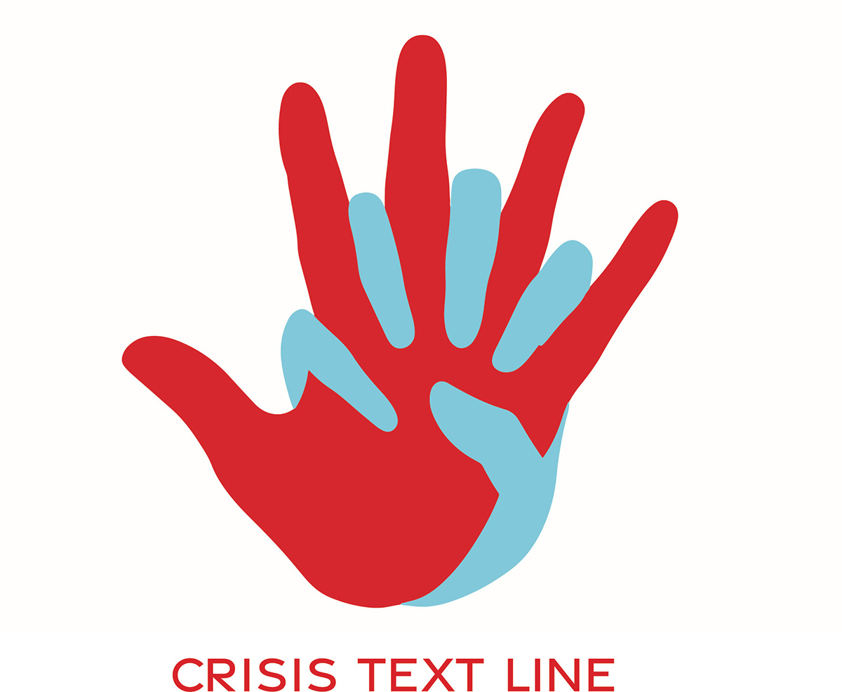 Logo has “Crisis Text Line” in red and all caps. Above the text there are two hands. One hand is red and open, the other hand is a cyan blue holding open hand with fingers intwined. 