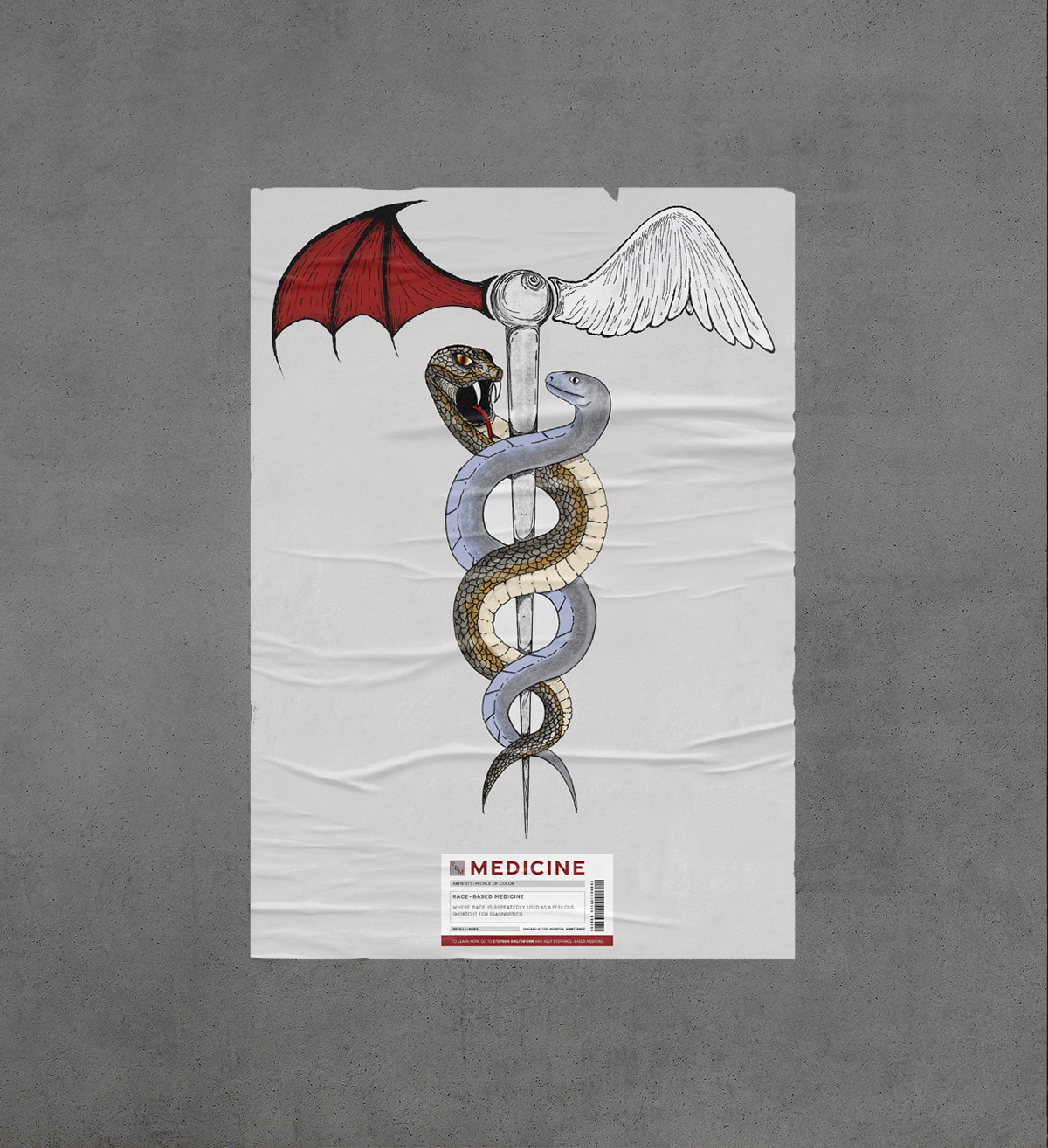 Poster with caduceus symbol featuring two snakes and wings on concrete background. Text warns against race-based medicine as a risky shortcut to diagnosis.