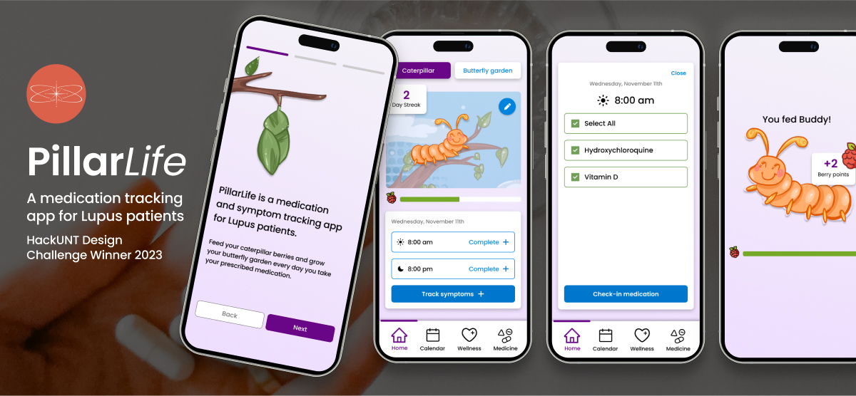 Three phone mockups of a medication-tracking app for Lupus Patients with hand-drawn caterpillars.