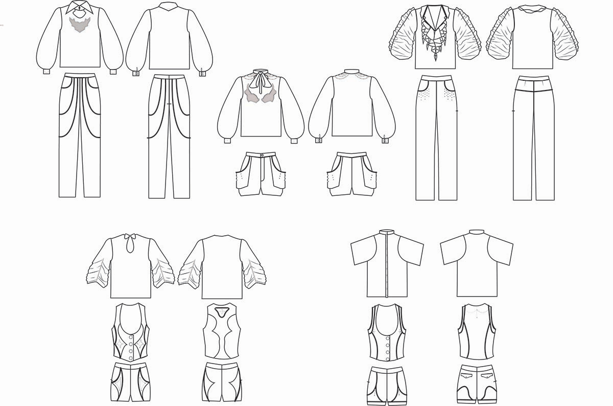 Image is a black and white series of technical flats. They are line drawings of the fashion collection. There are five outfits grouped together in two rows. The first is a bishop sleeved shirt and long pants. The second is a bishop sleeved shirt and shorts. The third is a shirt with ruffles and long pants. On the second row the fourth outfit is a shirt with gathered sleeves, a vest and shorts. The fifth outfit is a raglan sleeve shirt, vest and shorts. End description.