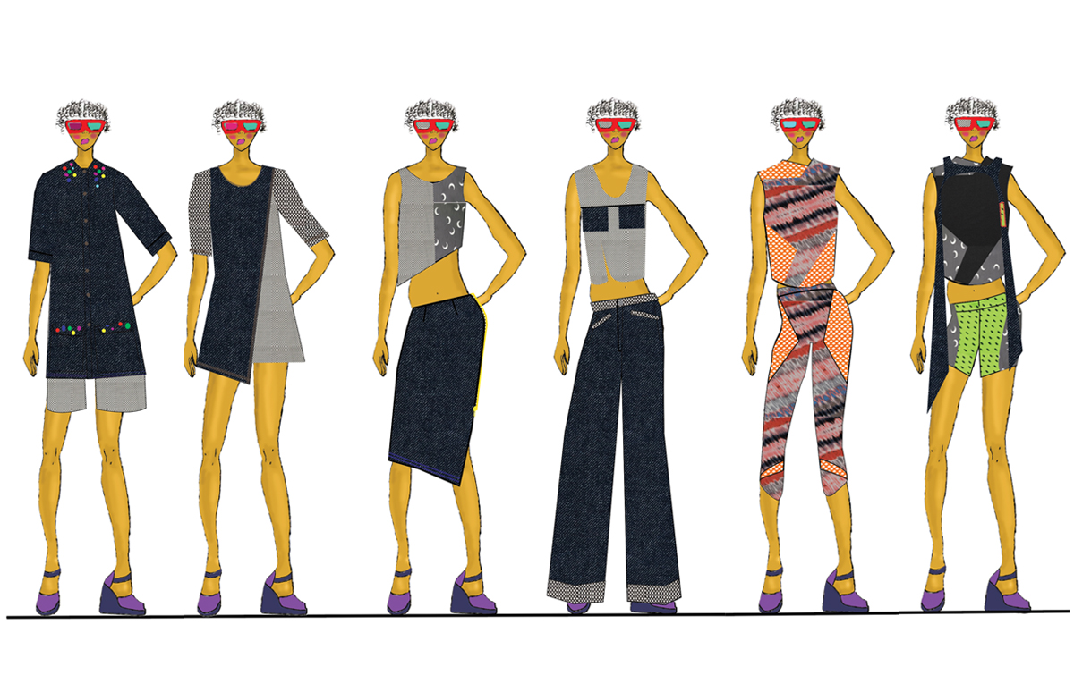 Five models standing with one back view to show the different designs. The first left look is a denim dress/jacket, denim and mesh dress, skirt and mesh top, jean pants and netting top, a mesh and knit activewear suit, denim harness with short activewear suit.