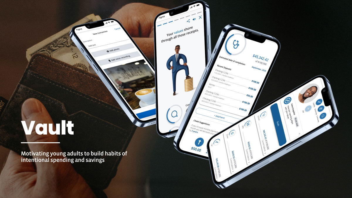 4 iPhone mockups of the chase bank app with the addition of vault, a personalized spending tracker