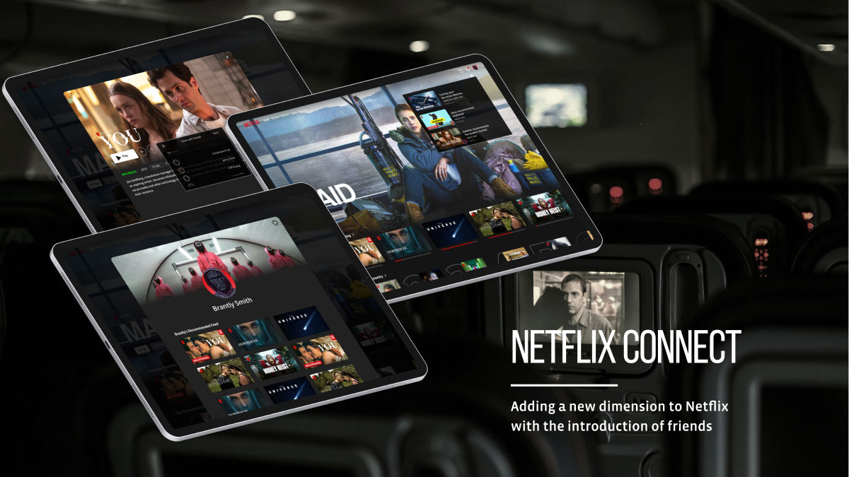 Three tablet mockups of the Netflix app, with the friends extension giving users the option to send recommendations to their Netflix friends