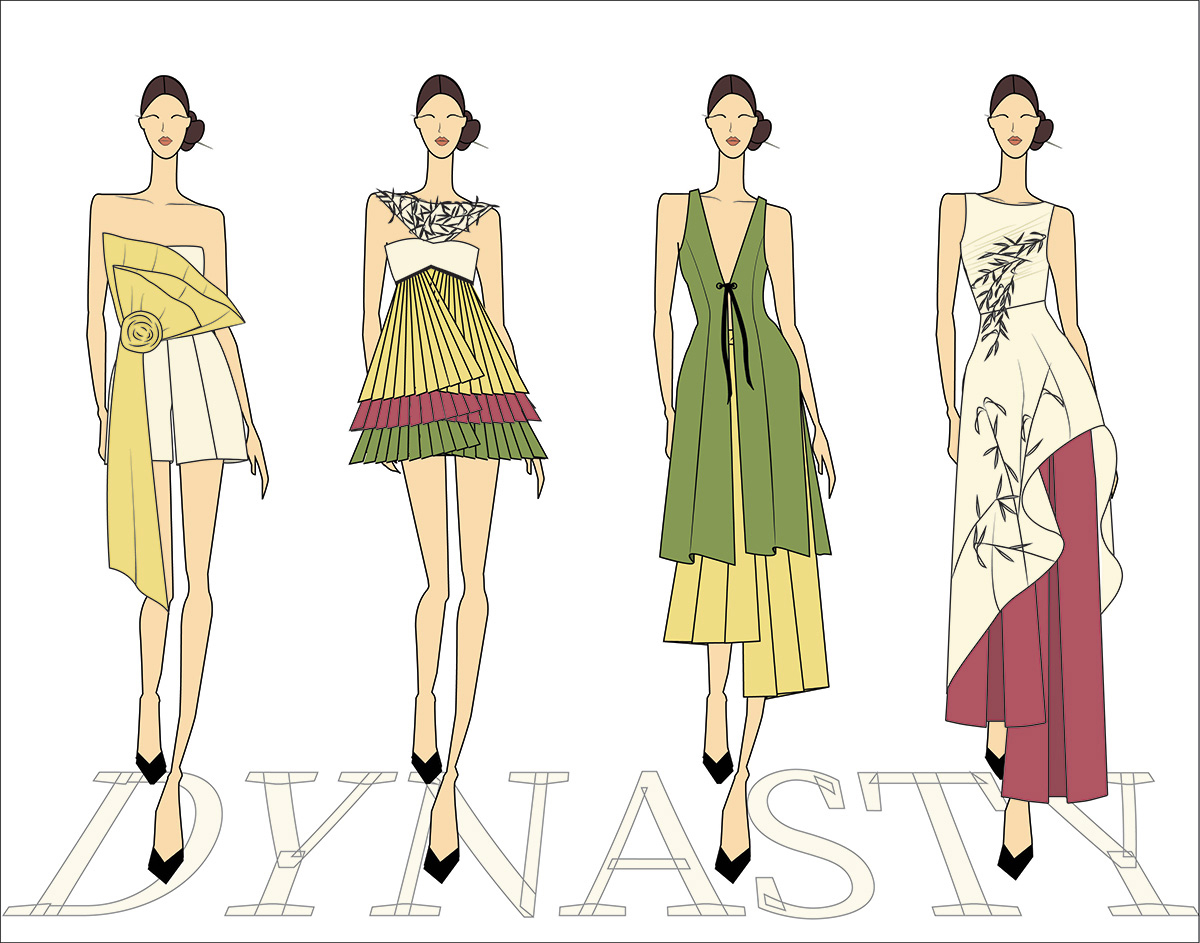 An illustration of four models against a white background, wearing yellow, green, rose, and ivory colored garments with black bamboo leaves embroidered on top.