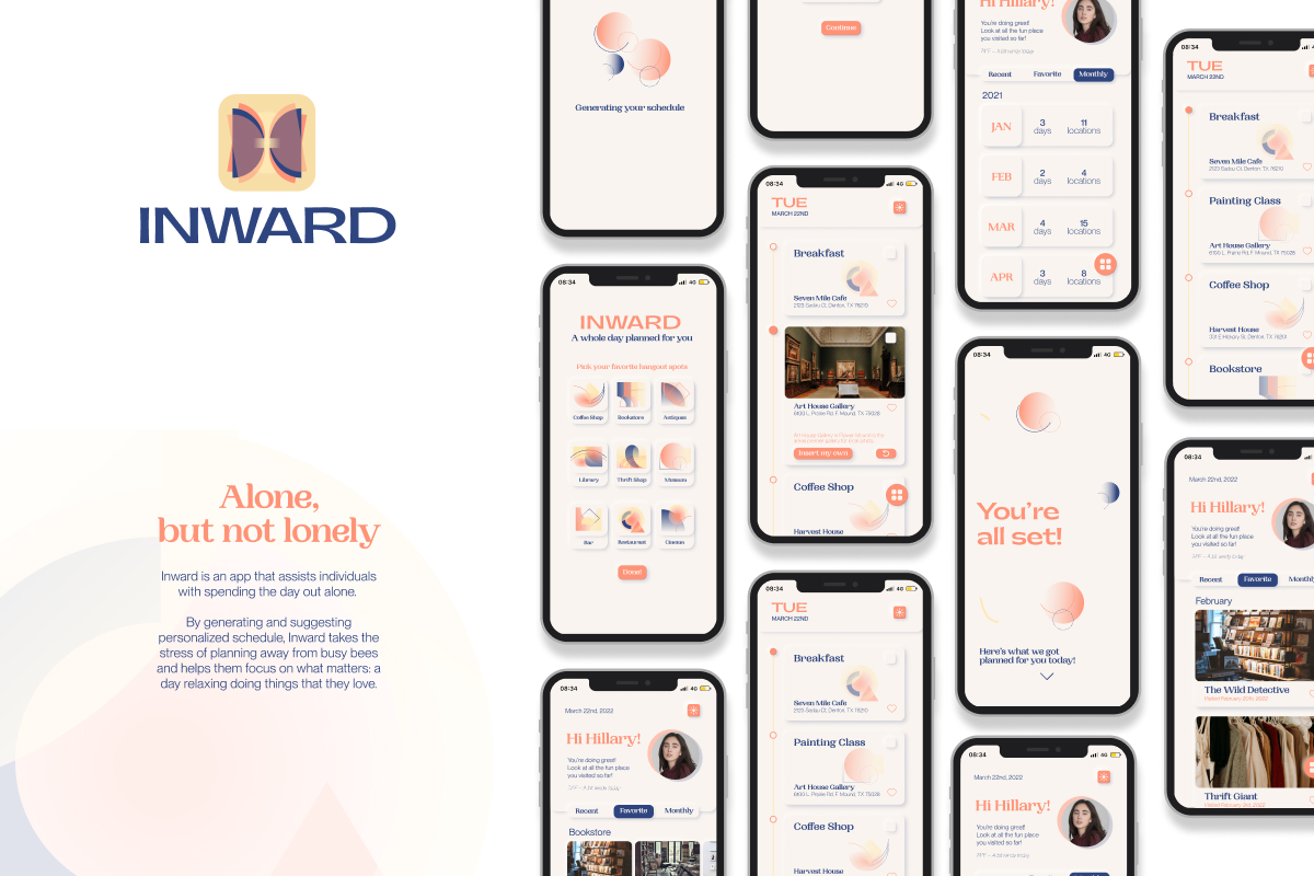 Logo and name of "Inward" app with butterfly wings on a tan background. Tagline "Alone, but not lonely" with an overview of app functions on the right.