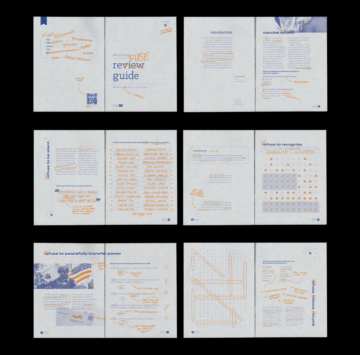 Image features a zine with blue pages, orange-yellow markers and dark blue typography. Pages have different renditions of textbook exercises.