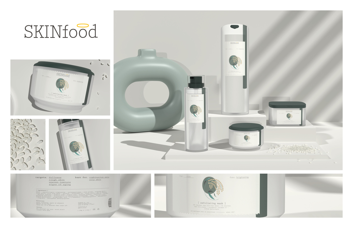 Skinfood's rice line packaging redesign: mask tub, cleansing foam & tissue bottles, and toner bottle on varying height platforms. Rice grains and shadow accents