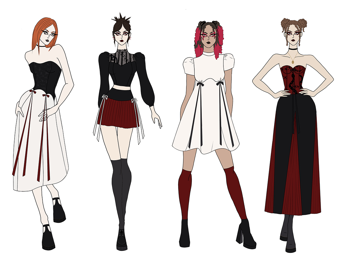 Illustration line up of 4 gothic inspired looks varying in lengths.