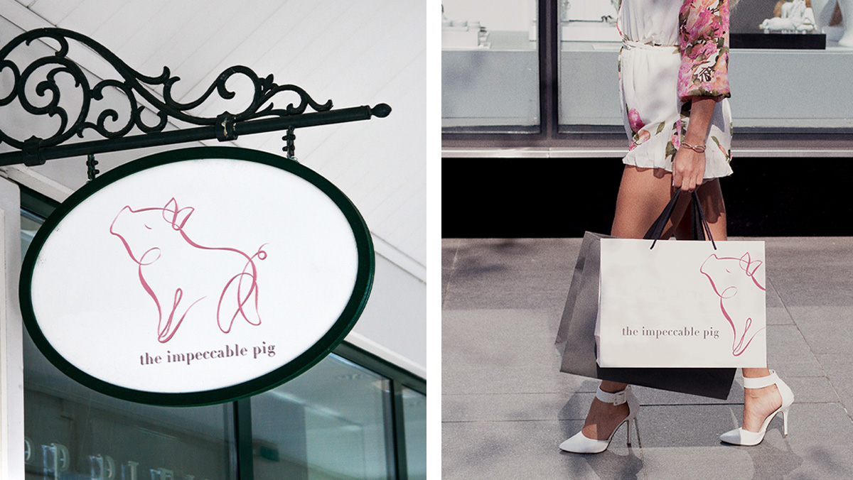 An image of signage for the boutique and a lady wearing chic clothes walking down the plaza with a shopping bag.